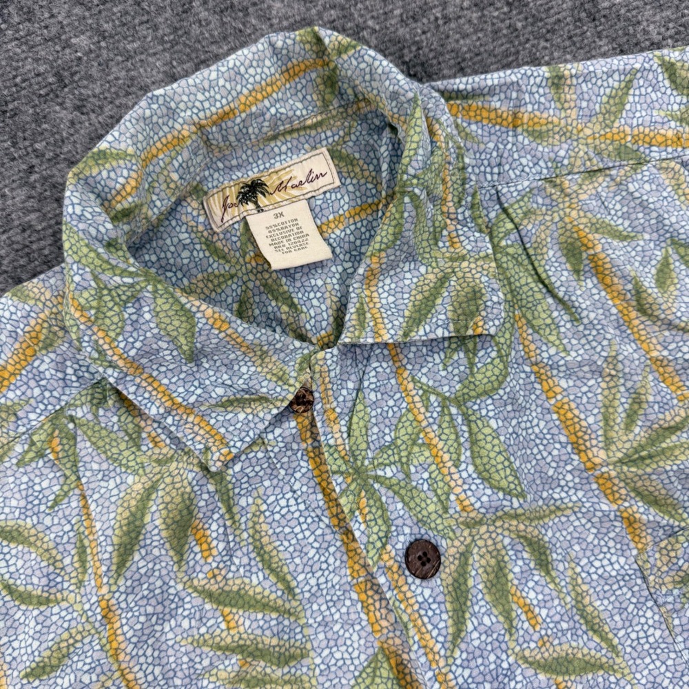 Joe Marlin Button Up Shirt 3X Blue Bamboo Palm‎ Print Rayon Blend Mens
